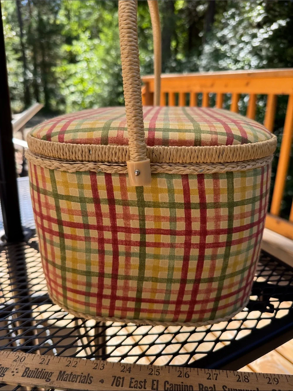 Vintage Plaid fabric Sewing Basket with Handle